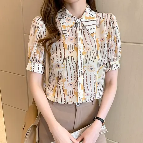 2023夏季新款碎花雪纺衬衫女短袖遮肚上衣洋气时尚职业装女衬衫商品大图