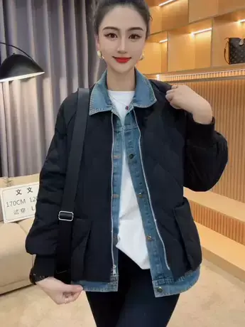 欧货2023假两件牛仔拼接棉服女秋季设计感气质减龄显瘦百搭外套潮图片