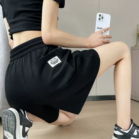 抽绳高腰松紧运动短裤女夏季薄款跑步棉感透气休闲五分阔腿热裤子图片
