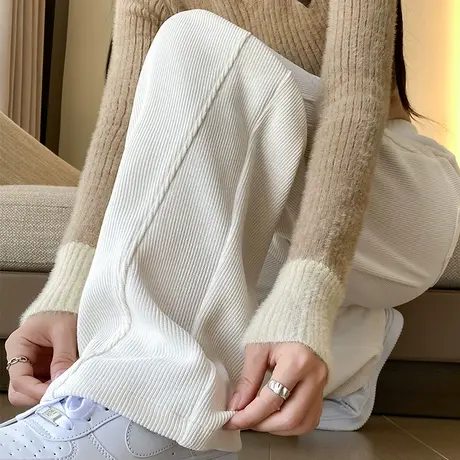 米白雪尼尔阔腿裤女秋冬款高腰垂感宽松显瘦窄版灯芯绒休闲香蕉裤商品大图
