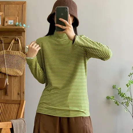 dza复古高领条纹双面绒T恤女秋冬内搭保暖上衣宽松休闲长袖打底衫图片