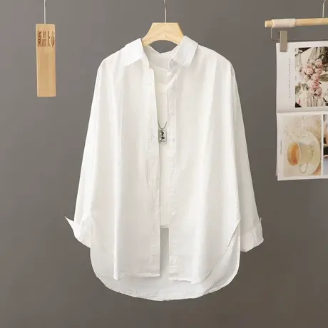休闲白色衬衫外套女前短后长宽松上衣中长款春秋季2024新款上衣潮图片