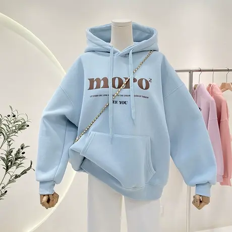 百搭韩国字母印花宽松大版加绒加厚保暖长袖连帽卫衣女上衣外套图片