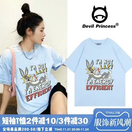 2024夏季新款奶系天蓝色短袖女t恤vintage卡通学院风百搭正肩上衣商品大图