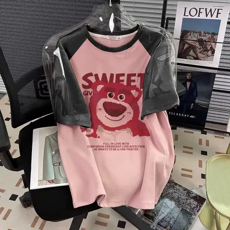 纯棉t恤女粉色插肩短袖夏季宽松大码胖mm闺蜜装ins港风高级感上衣商品大图