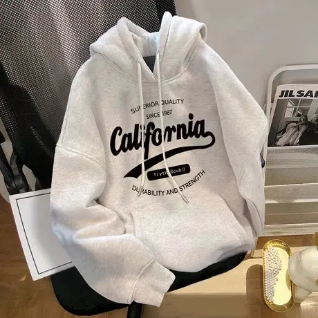 学生字母连帽卫衣女vintage情侣装ins简约风加绒加厚秋冬外套上衣商品大图