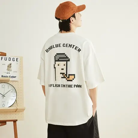 乐高发泡印花日系潮牌夏季圆领宽松学生青少年白色短袖T恤男重磅图片