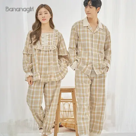 Bananagirl情侣睡衣长袖韩版格女春秋纯棉清新甜美格子家居服套装商品大图