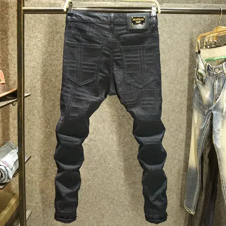 欧洲站黑色显瘦牛仔裤男款百搭休闲修身小脚裤高端立体压胶男裤子商品大图