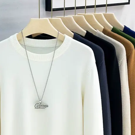 抗起球含羊毛长袖男士圆领毛衣2023秋冬季针织毛衣内搭打底衫男装商品大图