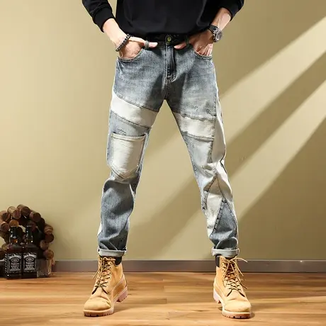 欧洲站补丁拼接牛仔裤男士修身直筒裤子秋冬潮牌水洗磨白休闲长裤商品大图