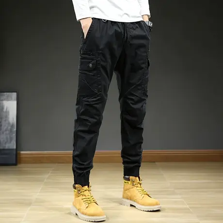 夏季百搭男士休闲工装裤美式多口袋宽松直筒复古长裤纯色束脚长裤商品大图