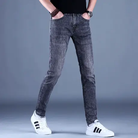 2023新款男士高端灰色牛仔裤男秋冬男款修身小脚弹力百搭休闲裤子商品大图