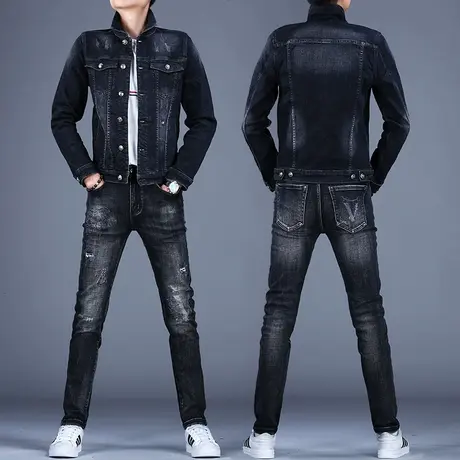 秋冬烟灰色弹力修身牛仔套装男款牛仔外套上衣夹克潮牌裤子潮流男图片