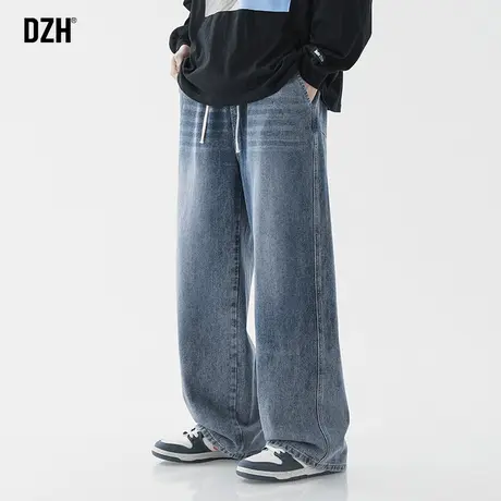 男生深蓝色美式复古牛仔裤男直筒宽松2023年新款秋季松紧腰阔腿裤商品大图