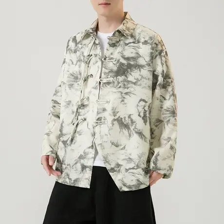 新款秋冬季夹克男中国风个性水墨画时尚男装泼墨上衣复古盘扣外套图片