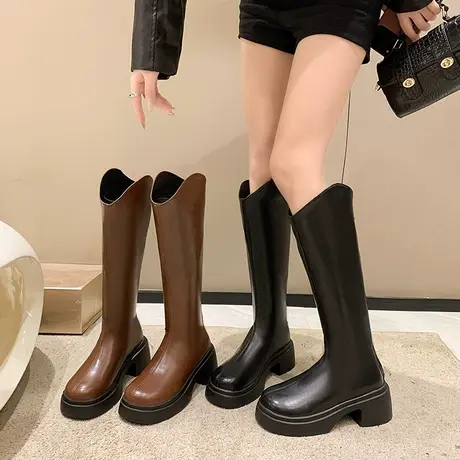 长筒靴女2023春秋季新款法式小个子炸街瘦瘦靴粗跟高跟v口骑士靴图片