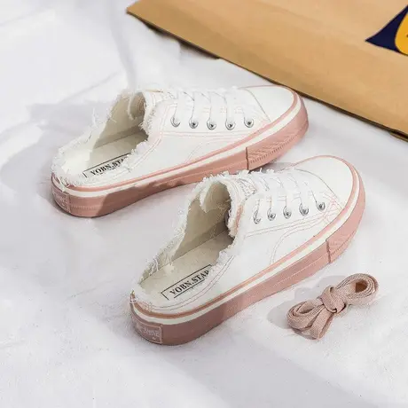 半拖鞋女外穿ins潮2020新款夏季平底百搭帆布鞋休闲包头懒人女鞋商品大图