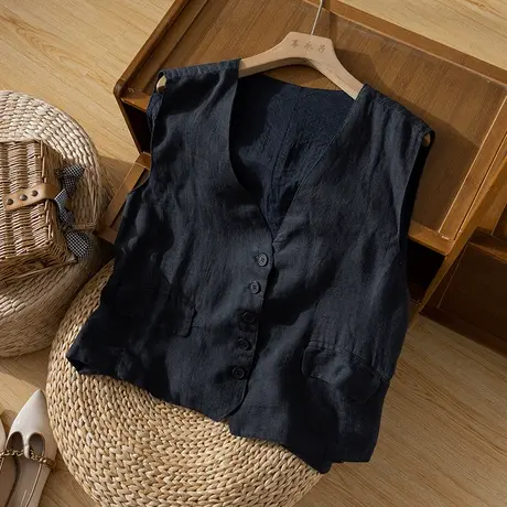 享永子亚麻背心马甲女文艺复古宽松显瘦百搭棉麻马夹2024秋季新款图片