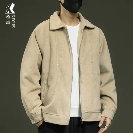 希越秋冬款羊绒翻领夹克男外套保暖加厚美式宽松大码男士毛呢棉衣商品大图