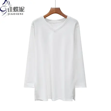 春秋新款V领宽松大码纯棉中长款侧开叉纯色长袖体恤上衣女打底衫商品大图
