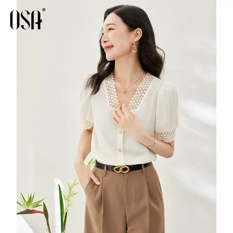 OSA欧莎气质v领泡泡短袖衬衫上衣女夏季2023年新款设计感别致衬衣商品大图