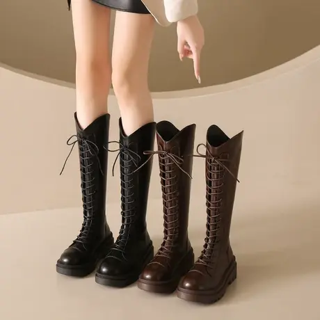 长筒靴女2023年秋冬季新款英伦风高跟不过膝靴时尚粗跟v口骑士靴商品大图