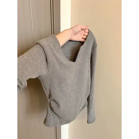 小个子短款V领长袖T恤女2024秋冬季新款修身韩版螺纹德绒保暖上衣商品大图