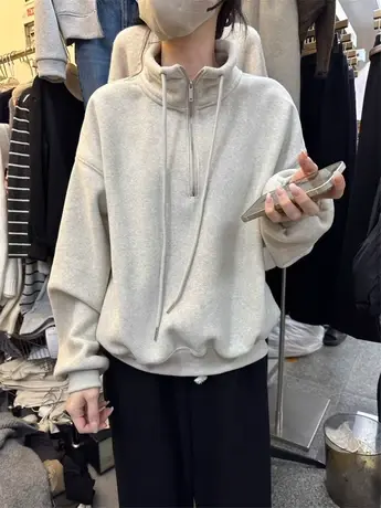 十三行卫衣女长袖套头秋冬新款韩版宽松高领拉链设计感加绒上衣潮图片