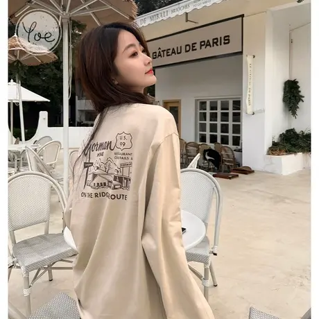 yoe200g纯棉长袖t恤女休闲复古内搭减龄洋气后背字母印花打底衫女商品大图