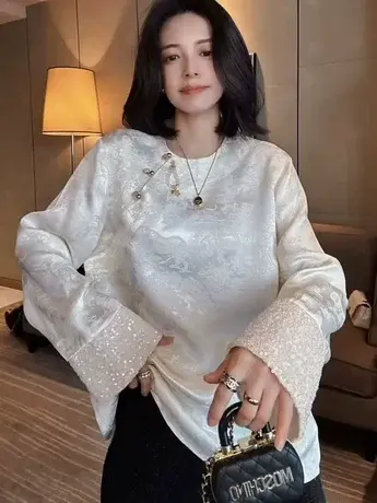 2024早春提花复古新款中式盘扣上衣长袖国风气质小衫女装超仙爆款商品大图