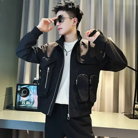 工装外套男春季潮牌个性口袋立领褂子设计感休闲痞帅机车上衣夹克商品大图