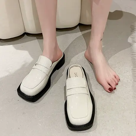 英伦风ins潮平底软皮包头半拖鞋女2023年春新款一脚蹬懒人凉拖鞋商品大图