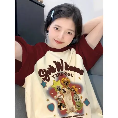 纯棉重磅撞色插肩短袖t恤女夏季潮牌美式复古宽松小众设计感上衣商品大图