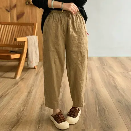 dza 高腰显瘦宽松阔腿棉麻裤子女春新款休闲九分亚麻裤纯色哈伦裤图片