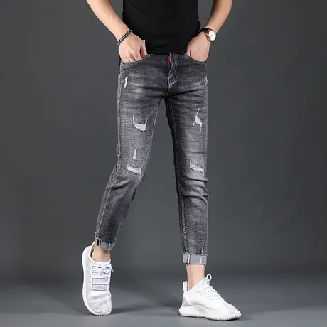 破洞九分牛仔裤男夏季薄款修身小脚裤休闲2022年乞丐男士裤子9分图片