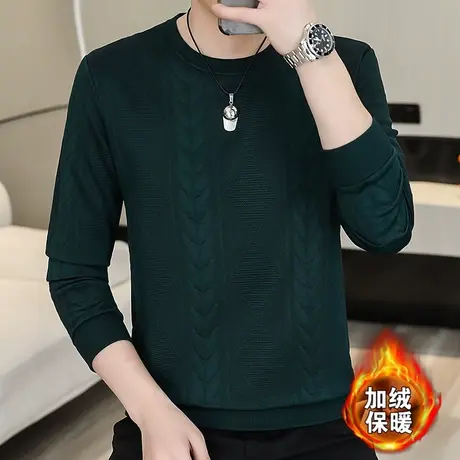 2023秋冬新款高档提花长袖T恤男士加绒加厚加肥加大码打底衫卫衣商品大图