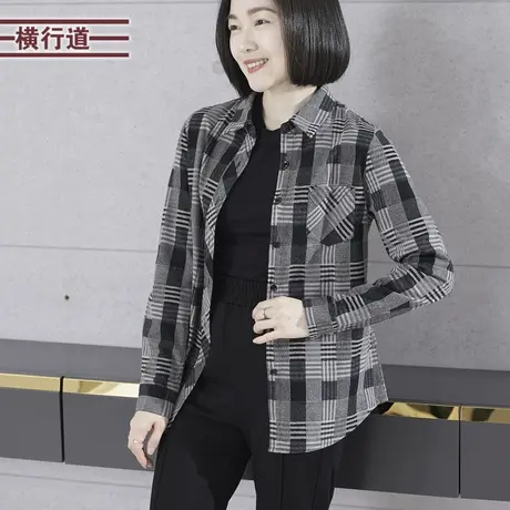 简约休闲复古翻领格子宽松长袖衬衣女装外穿开衫上衣2024春季新款图片