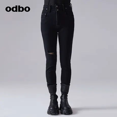 odbo/欧迪比欧时尚气质破洞牛仔裤女春季新款百搭修身小脚直筒裤图片