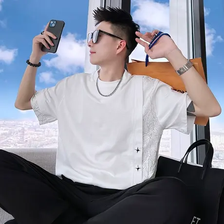 韩版拼接假两件短袖T恤夏季个性重工痞帅半袖上衣潮牌半截袖体恤商品大图