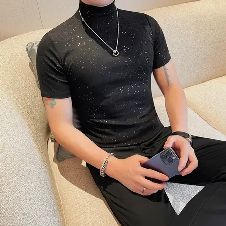 短袖t恤夏季潮流韩版弹力修身半高领打底时尚轻熟满天星半袖上衣商品大图