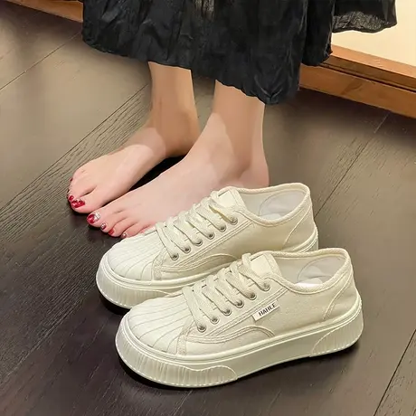 帆布鞋女厚底饼干鞋2024年新款小香风女鞋夏款休闲板鞋松糕小白鞋商品大图