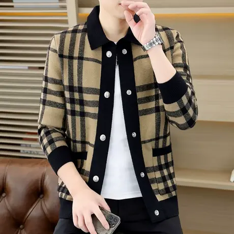 开衫毛衣男士秋季高端针织夹克潮流撞色格子休闲翻领褂子外套上衣商品大图