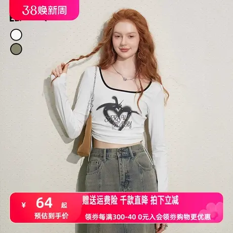妖精的口袋bm风长袖短款t恤女2023秋季新款印花方领修身辣妹上衣商品大图