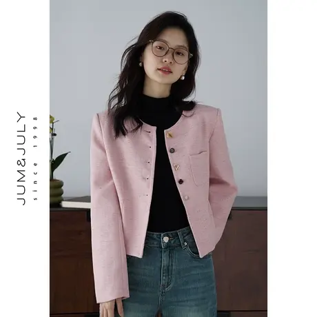 嘉茱莉2023秋季新款短款宽松小香风外套女薄款短外套圆领上衣粉色商品大图