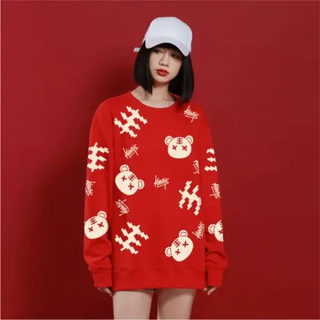 Ohlyah虎年卫衣男女装红色圆领上衣本命年老虎印花情侣潮牌套头衫图片