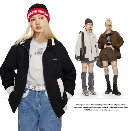 潮牌拼接冲锋衣女春秋款2023年新款复古运动外套宽松oversiz夹克商品大图