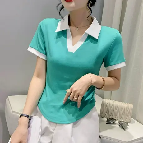 时尚短款polo衫女短袖个性弧形下摆t恤2023欧货拼色洋气修身上衣图片
