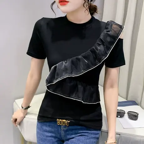 时尚露肩T恤女短袖2023夏装新款设计感荷叶边小衫百搭烫钻上衣潮商品大图