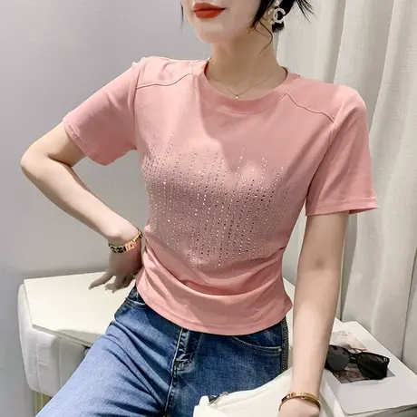 个性短款T恤女短袖欧货性感紧身上衣设计感弧形下摆小衫烫钻体恤商品大图